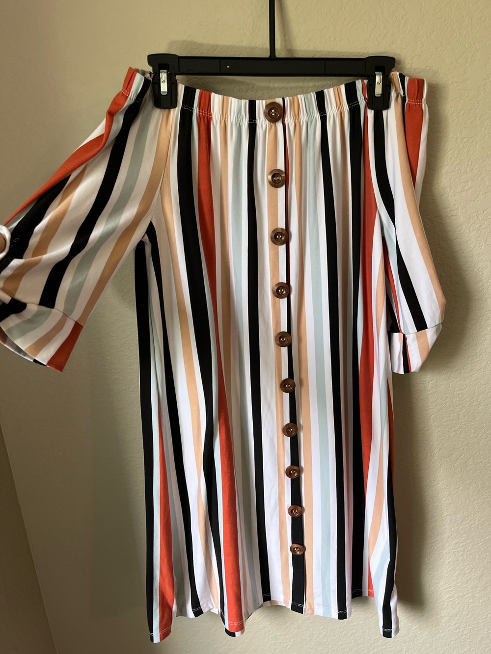 Liv & Lottie Off Shoulder Striped Midi Dress Size M Button Front Boho Summer